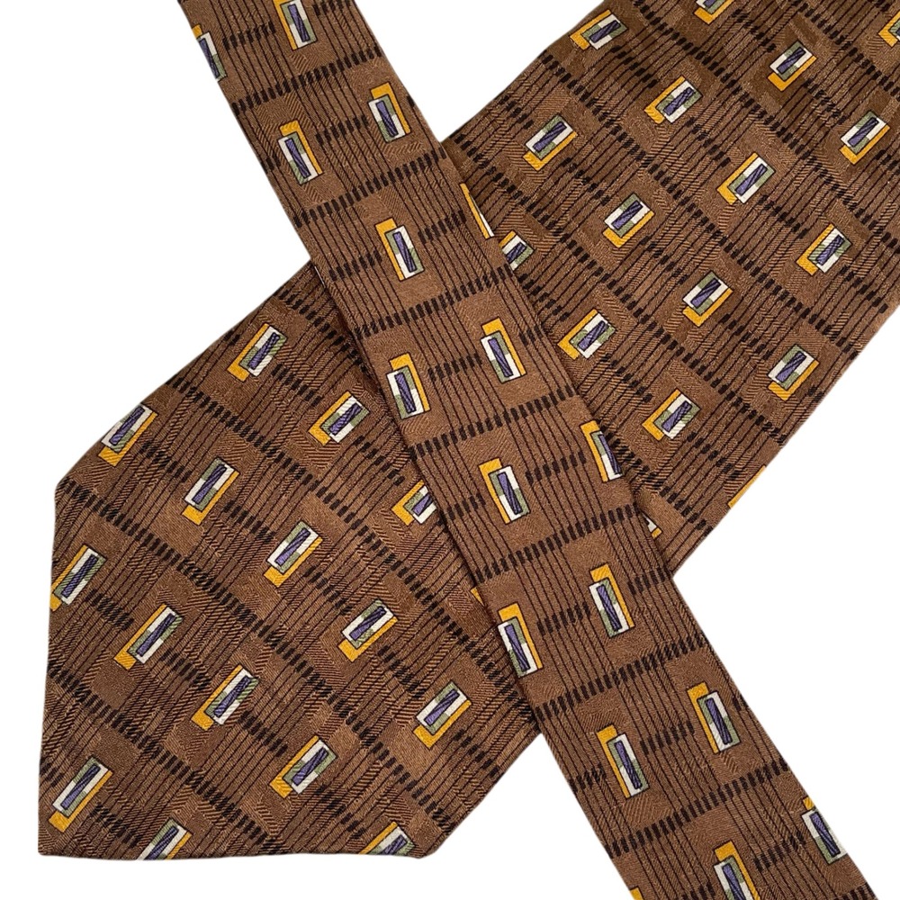 Vtg Chaps Ralph Lauren Silk Brown Geometric‎ Print Necktie Menswear 90s Toe